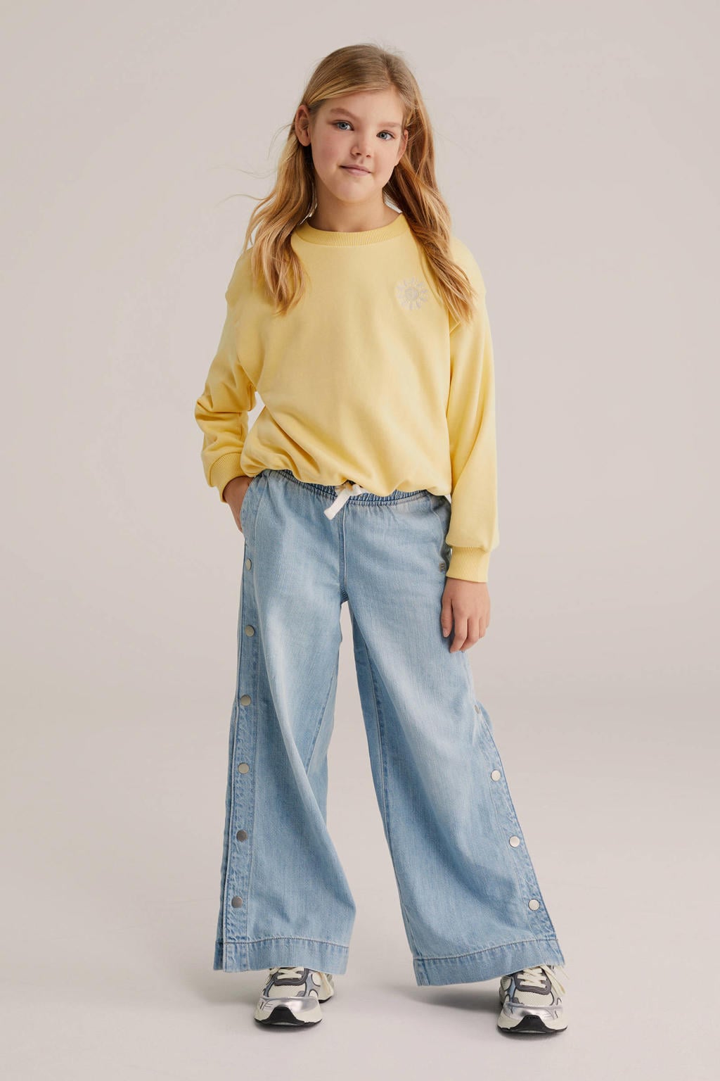 Gele meisjes WE Fashion sweater met effen, lange mouwen, ronde hals en geribde boorden