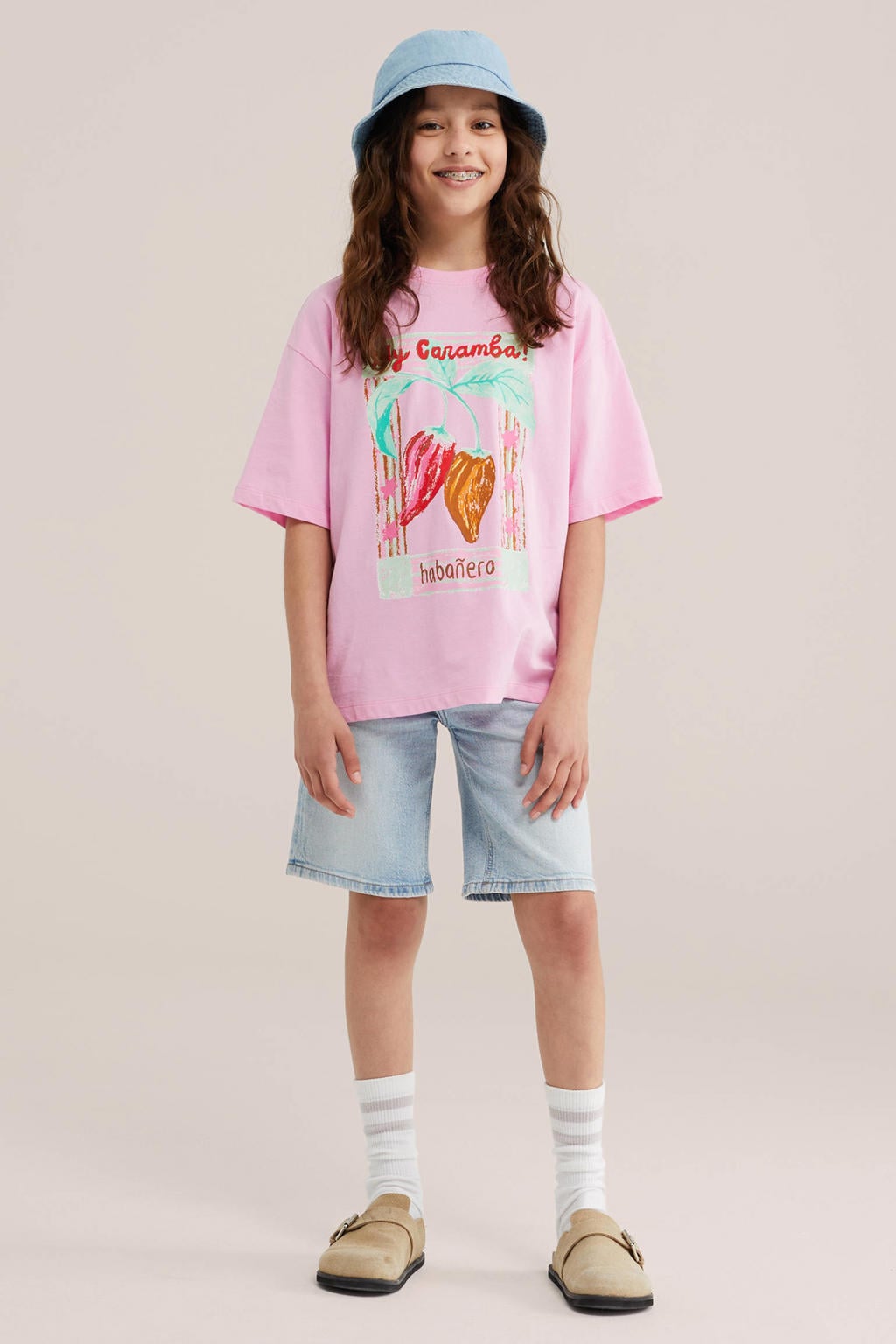 Roze meisjes WE Fashion T-shirt van katoen met printopdruk, korte mouwen en ronde hals