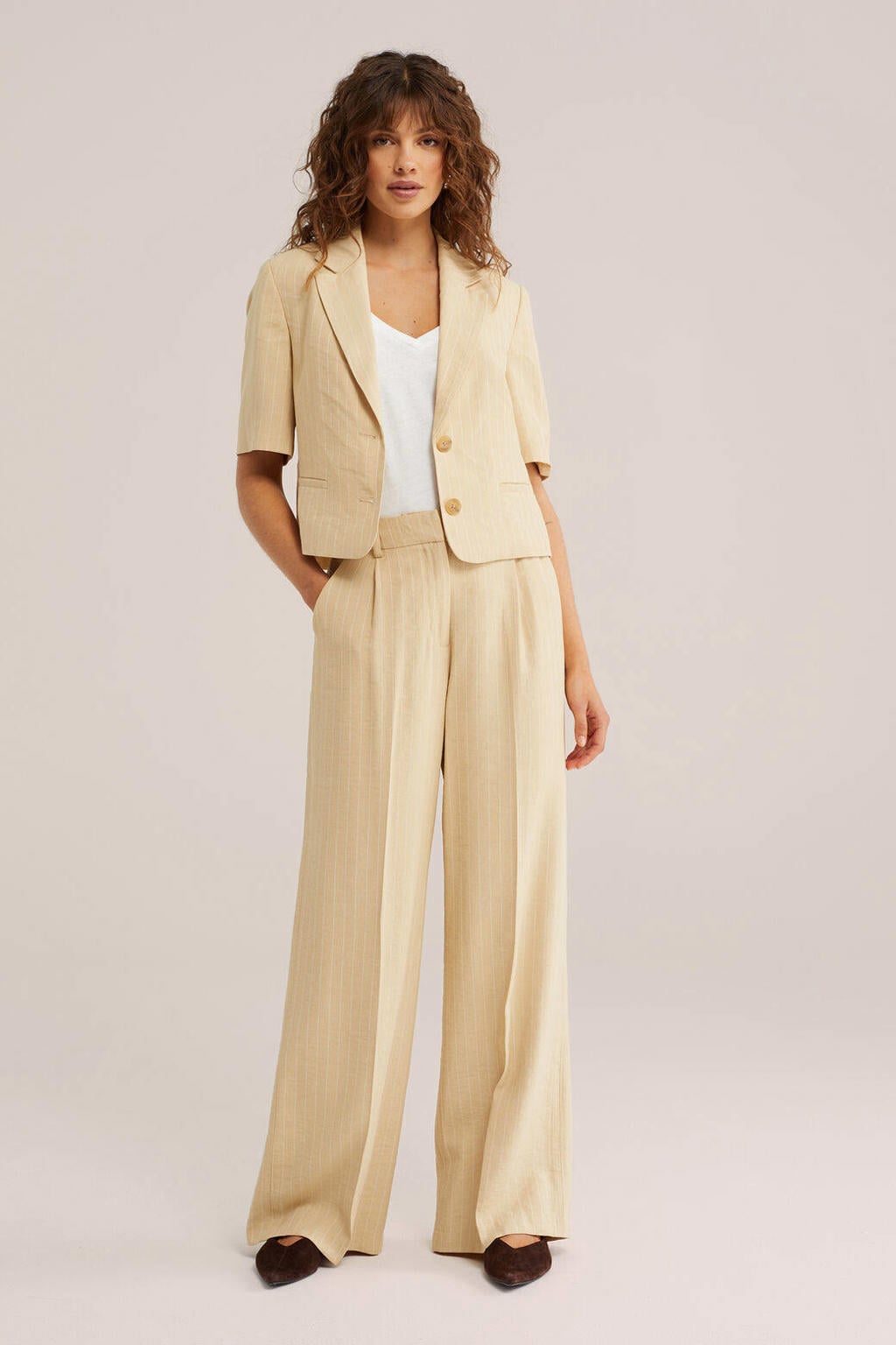 Lichtgele dames WE Fashion cropped blazer van polyester met effen, lange mouwen, reverskraag en knoopsluiting