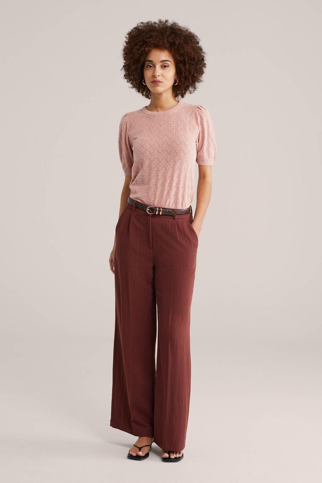 Lichtroze dames WE Fashion pullover ajour van polyester met effen, lange mouwen en ronde hals