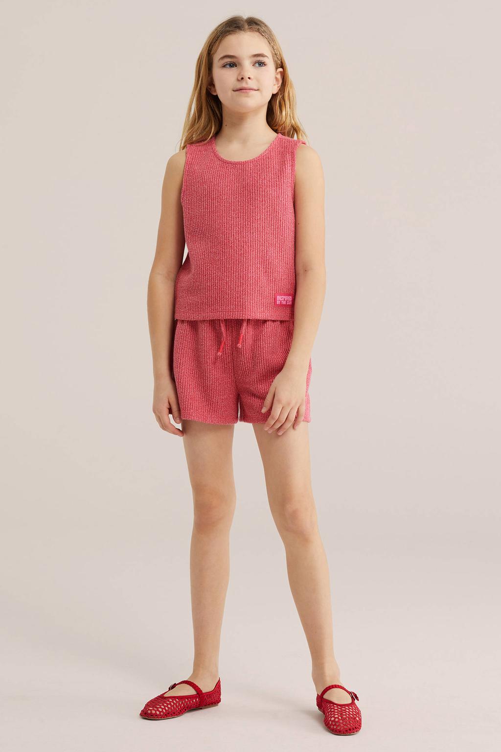 Rode meisjes WE Fashion mouwloze top grof gebreid van polyester met effen