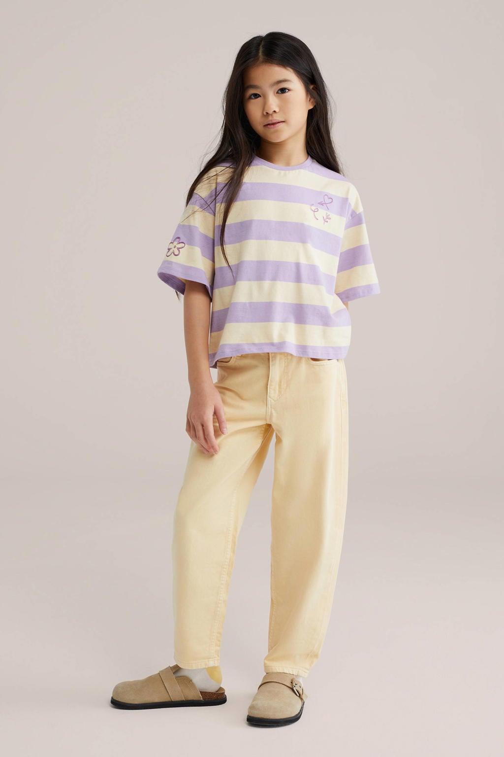 Lichtgele meisjes WE Fashion Blue Ridge high waist barrel jeans van denim met rits- en knoopsluiting en effen