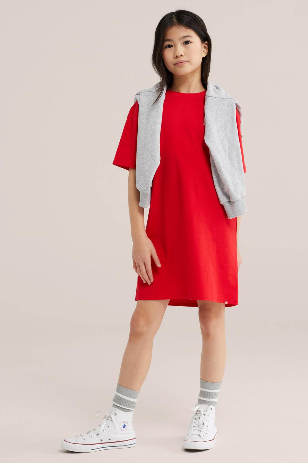 Rode meisjes WE Fashion T-shirtjurk korte jurk van katoen met backprint, korte mouwen en ronde hals