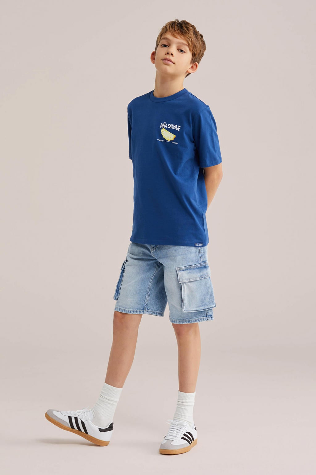 Donkerblauwe jongens WE Fashion T-shirt van katoen met backprint, korte mouwen en ronde hals