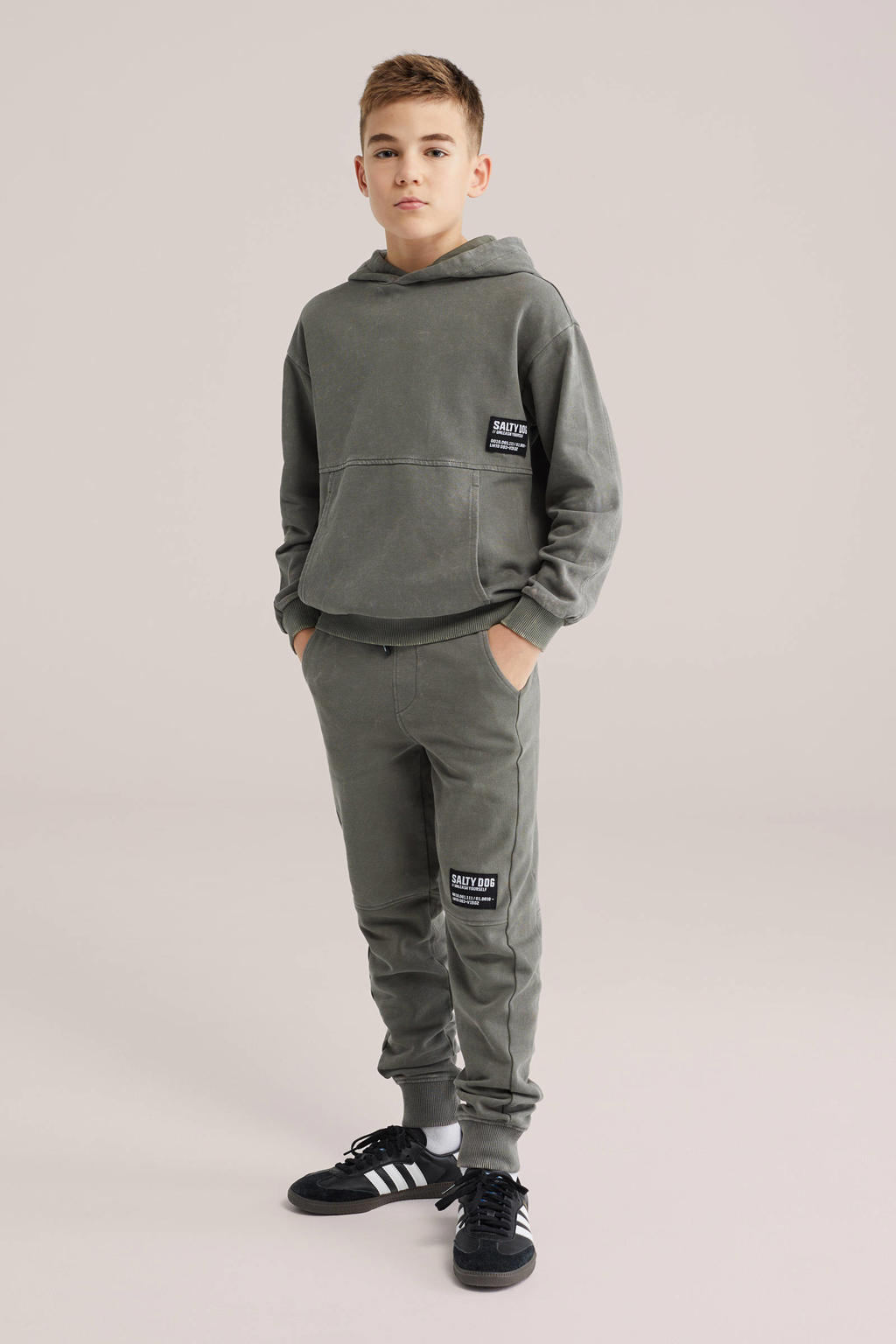 Olijfgroene jongens Salty Dog hoodie van sweat materiaal met effen, lange mouwen en capuchon