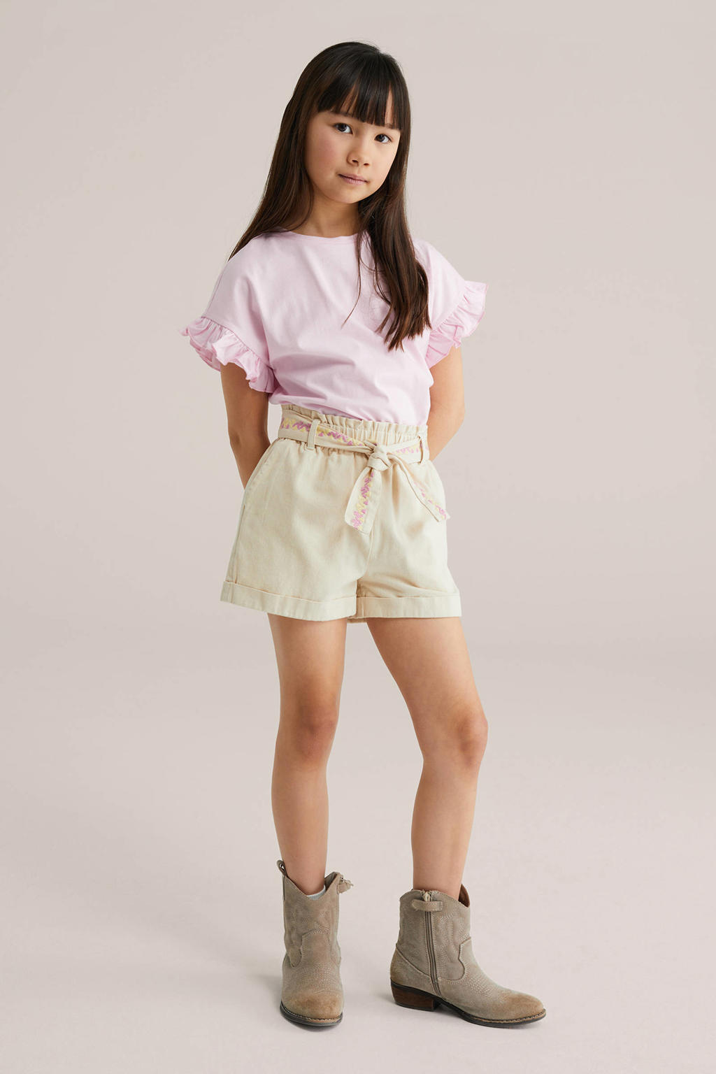 Beige meisjes WE Fashion straight casual short van katoen met elastische tailleband met koord en effen