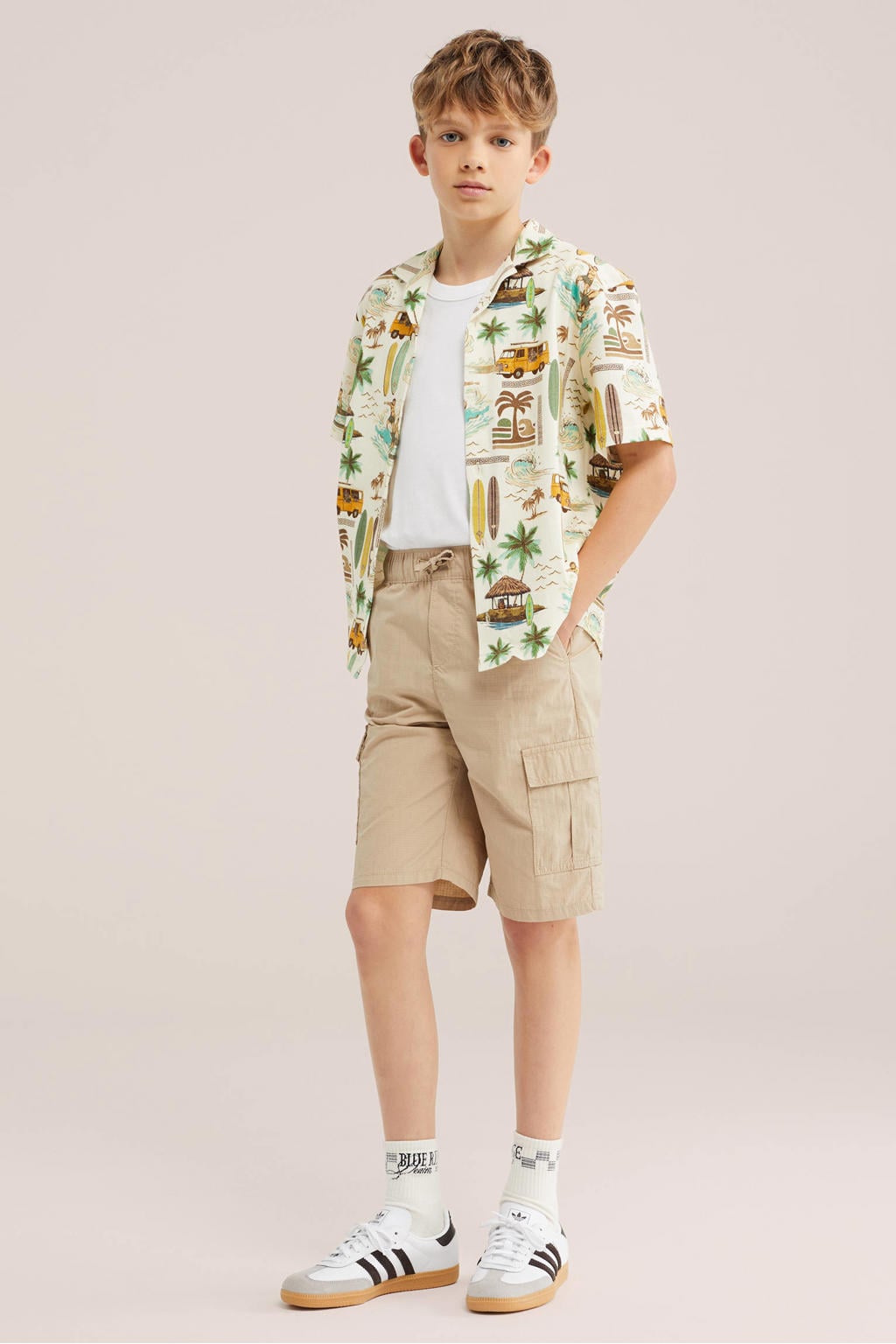 Beige, groen en gele jongens WE Fashion casual overhemd van katoen met korte mouwen en klassieke kraag