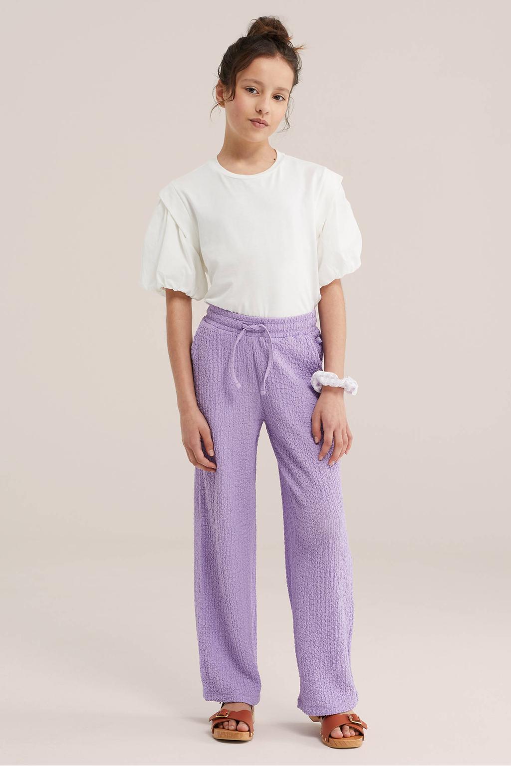 Lilakleurige meisjes WE Fashion loose casual broek van polyester met elastische tailleband met koord en effen