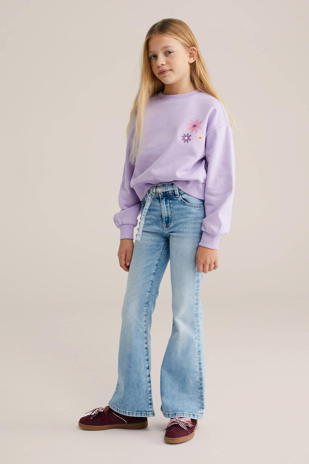 Lilakleurige meisjes WE Fashion sweater met backprint, lange mouwen, capuchon en geribde boorden