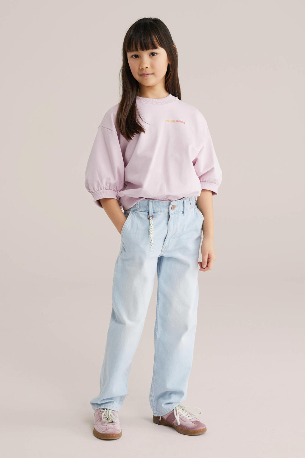 Lichtroze meisjes WE Fashion sweater met effen, korte mouwen, ronde hals en geribde boorden