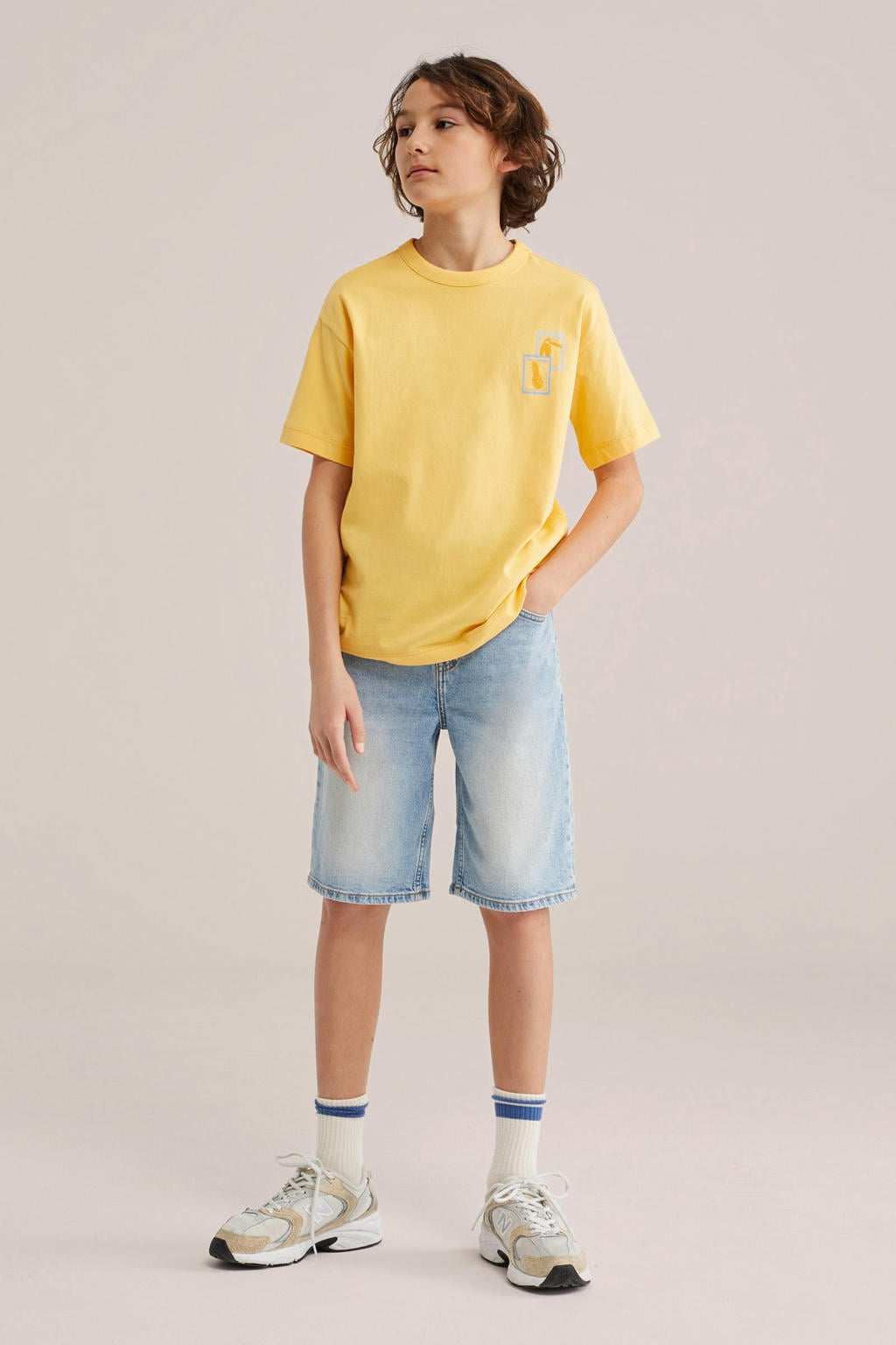 Gele jongens WE Fashion T-shirt van katoen met printopdruk, korte mouwen en ronde hals