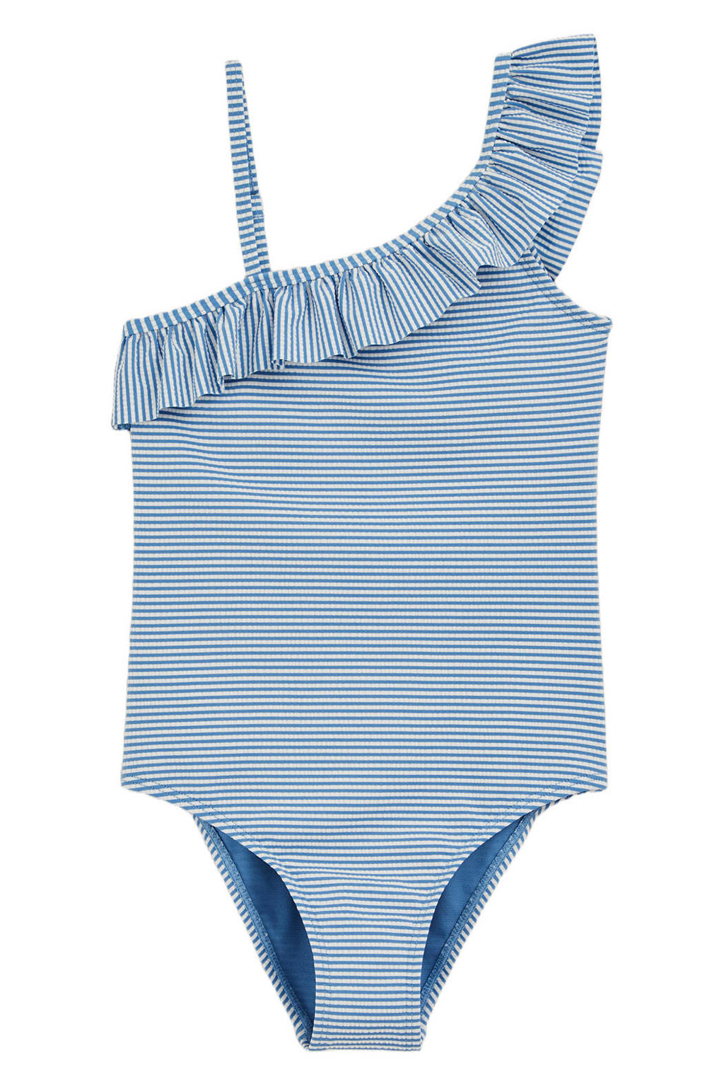 WE Fashion badpak met ruches blauw/wit