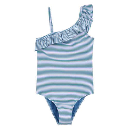 WE Fashion badpak met ruches blauw/wit afbeelding
