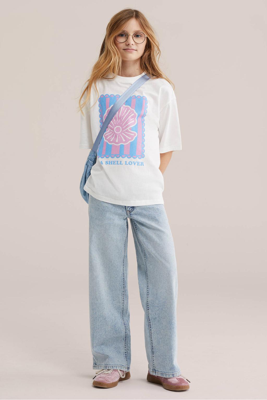 Wit, blauw en roze meisjes WE Fashion T-shirt van katoen met printopdruk, korte mouwen en ronde hals