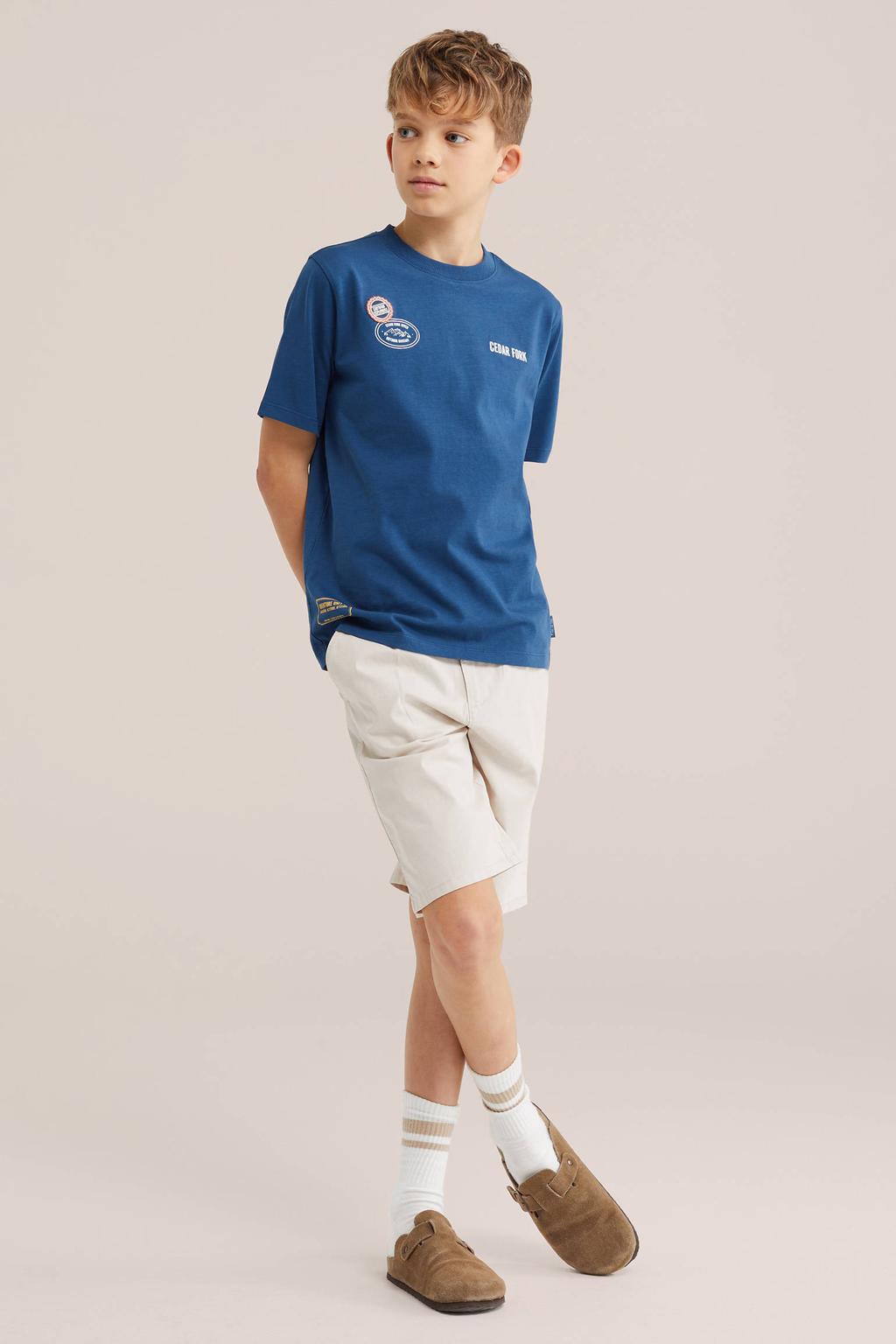 Donkerblauwe jongens WE Fashion T-shirt van katoen met backprint, korte mouwen en ronde hals