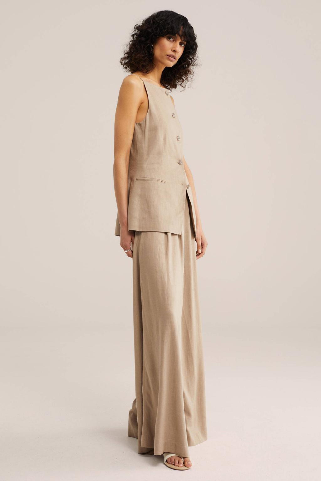 Beige dames WE STUDIO gilet van viscose met effen, vierkante hals en knoopsluiting