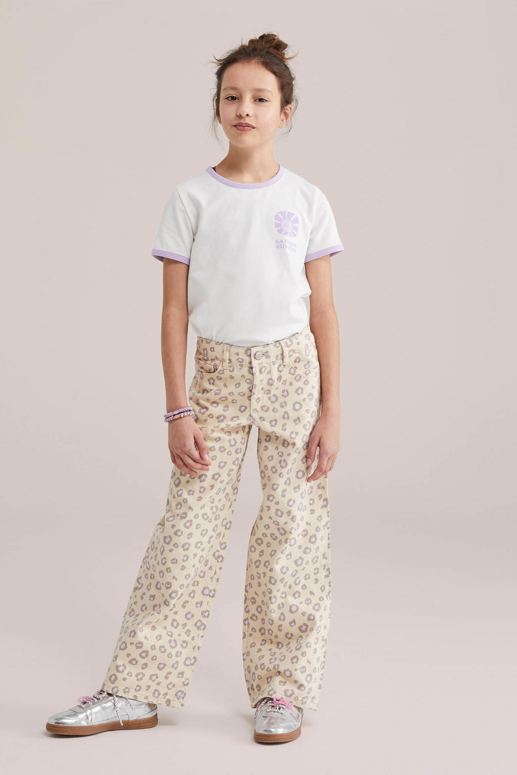Beige meisjes WE Fashion Blue Ridge wide leg jeans van denim met rits- en knoopsluiting en effen