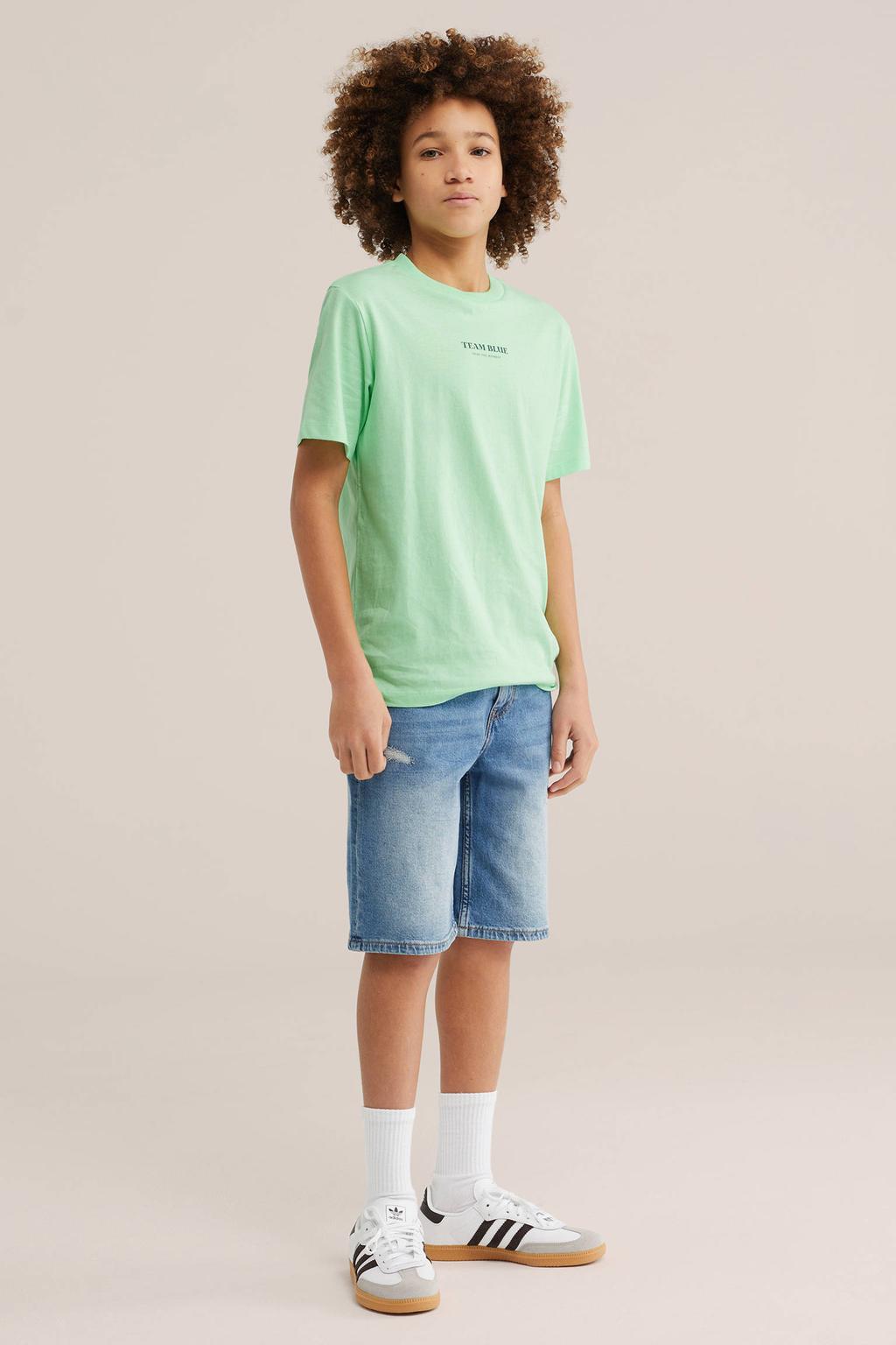 Lichtgroene jongens WE Fashion T-shirt van katoen met backprint, korte mouwen en ronde hals