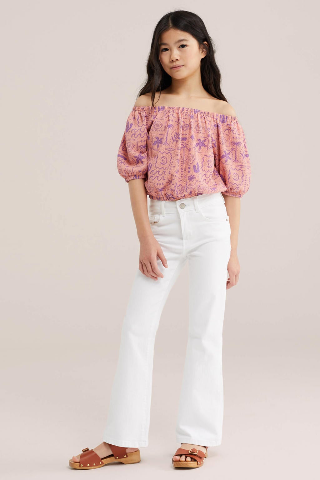 Roze en paarse meisjes WE Fashion off shoulder top van polyester met korte mouwen en elastische boord