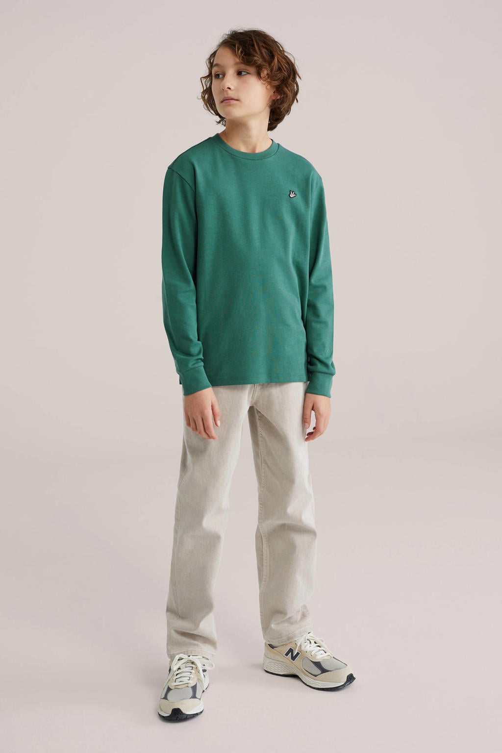 Groene jongens WE Fashion longsleeve van katoen met effen, lange mouwen en ronde hals