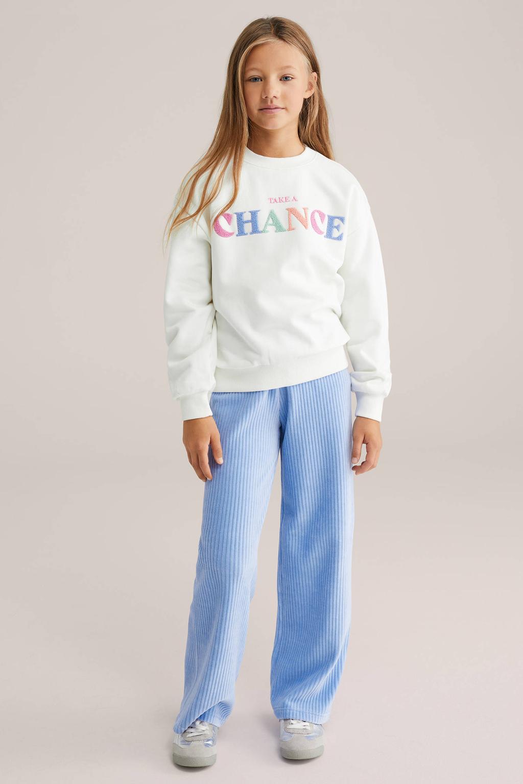 Lichtblauwe meisjes WE Fashion fluwelen loose casual broek met regular waist en elastische tailleband