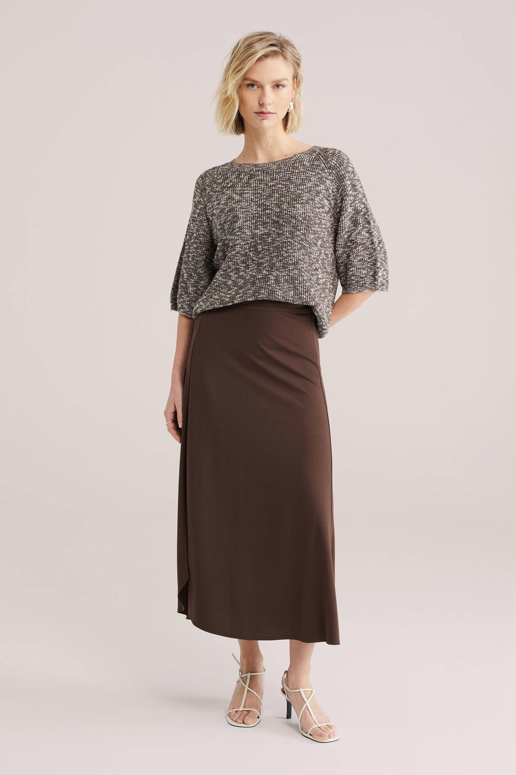 Bruine dames WE Fashion gebreide trui van katoen met effen, driekwart mouwen, ronde hals en lurex