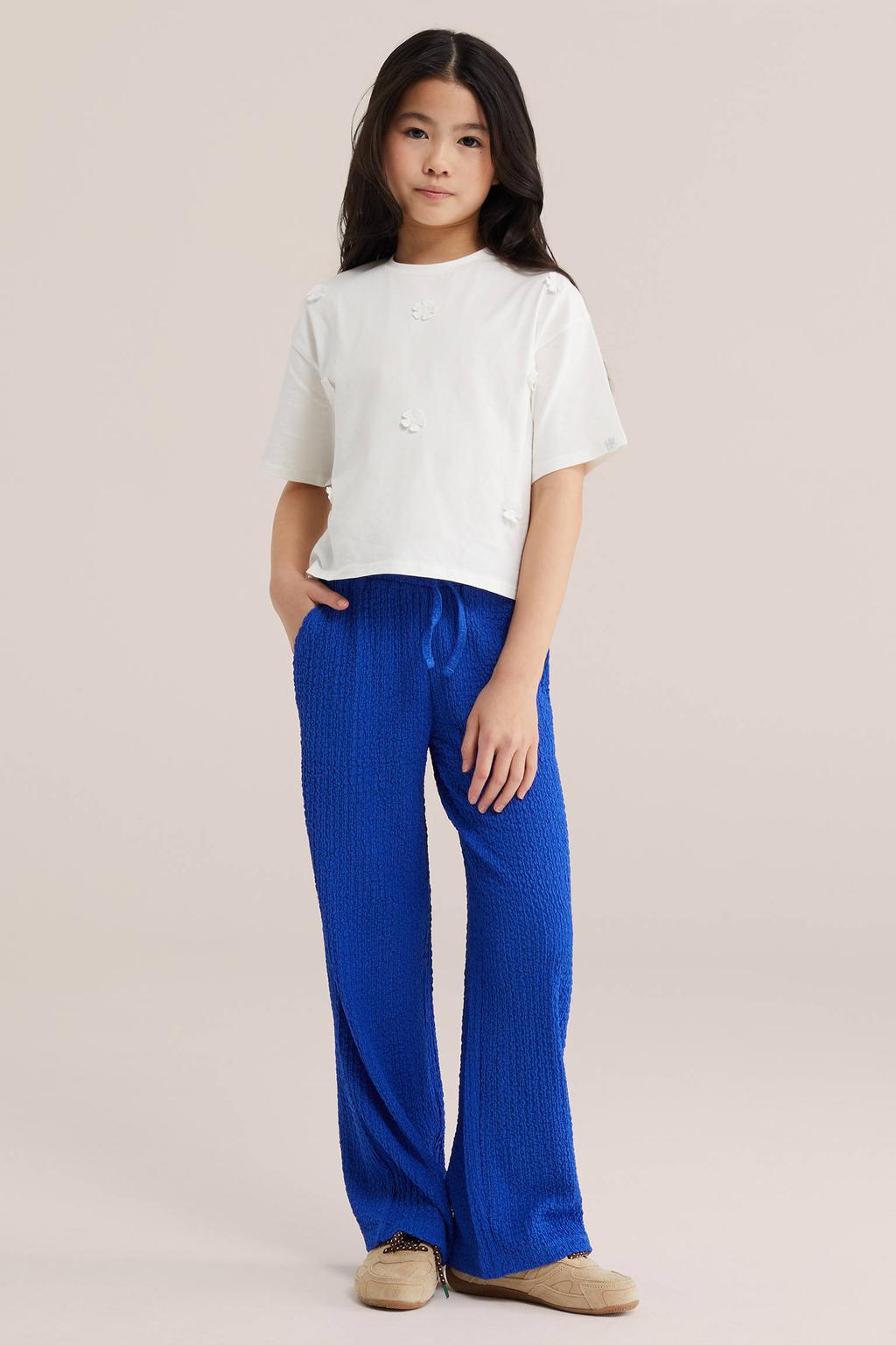 Marineblauw meisjes WE Fashion loose casual broek blauw van polyester met elastische tailleband met koord en effen