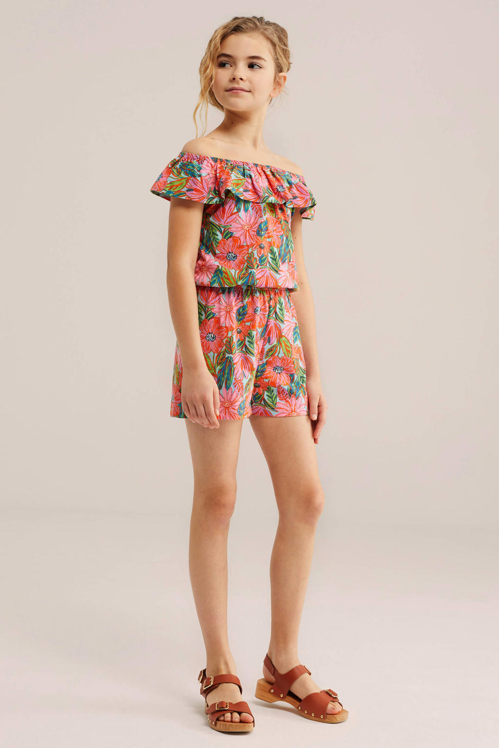 Roze, rood en groene meisjes WE Fashion playsuit van katoen met ronde hals, elastische tailleband en elastische boord