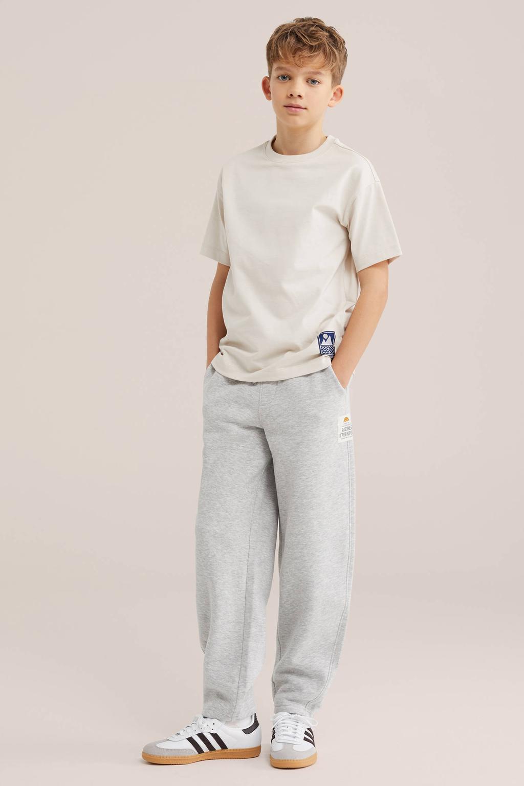 Ecru jongens WE Fashion T-shirt van katoen met effen, korte mouwen en ronde hals