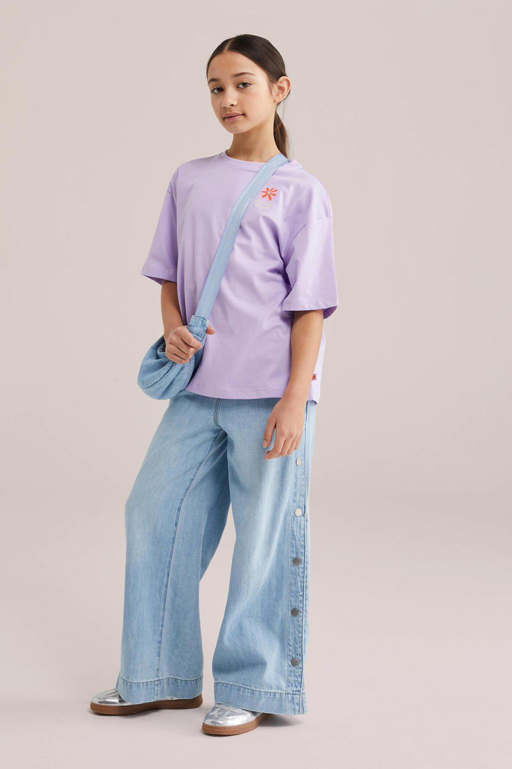 Lilakleurige meisjes WE Fashion T-shirt van katoen met backprint, korte mouwen en ronde hals