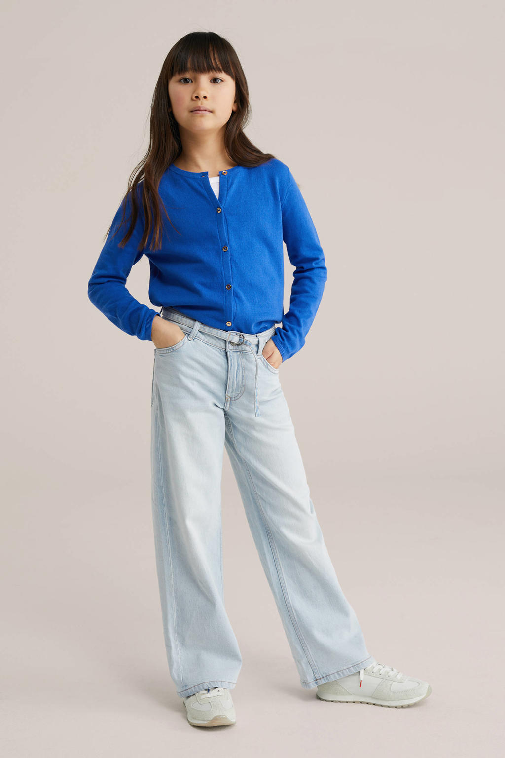 Marineblauw meisjes WE Fashion vest fijn gebreid van katoen met effen, lange mouwen, ronde hals en knoopsluiting