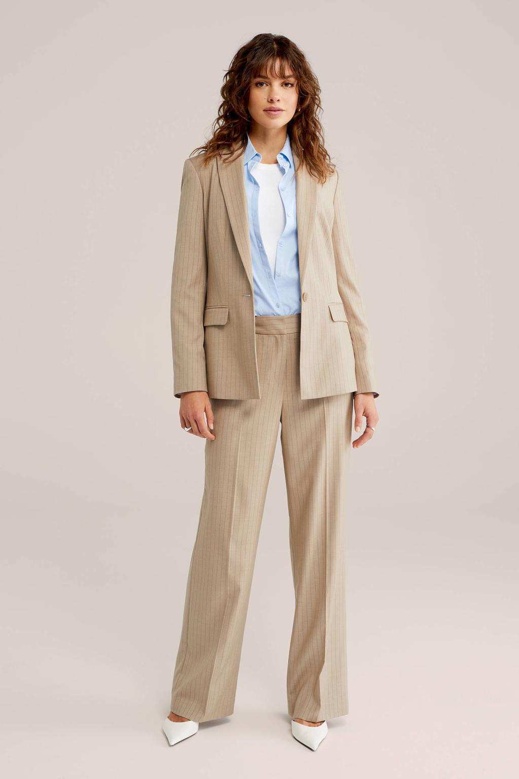 Zandkleurige dames WE Fashion straight regular waist broek van polyester met rits, haak- en knoopsluiting en effen