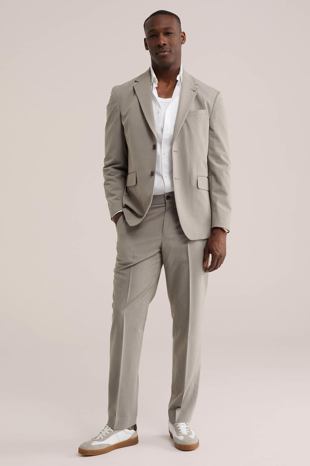 Beige heren WE Fashion colbert van polyester met effen, V-hals en knoopsluiting