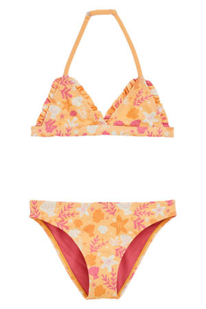 halter bikini met ruches oranje/roze