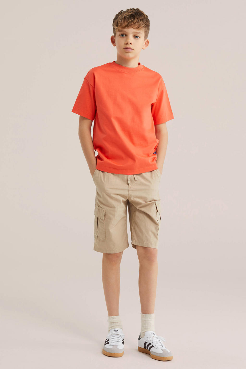 Oranje jongens WE Fashion T-shirt van katoen met effen, korte mouwen en ronde hals