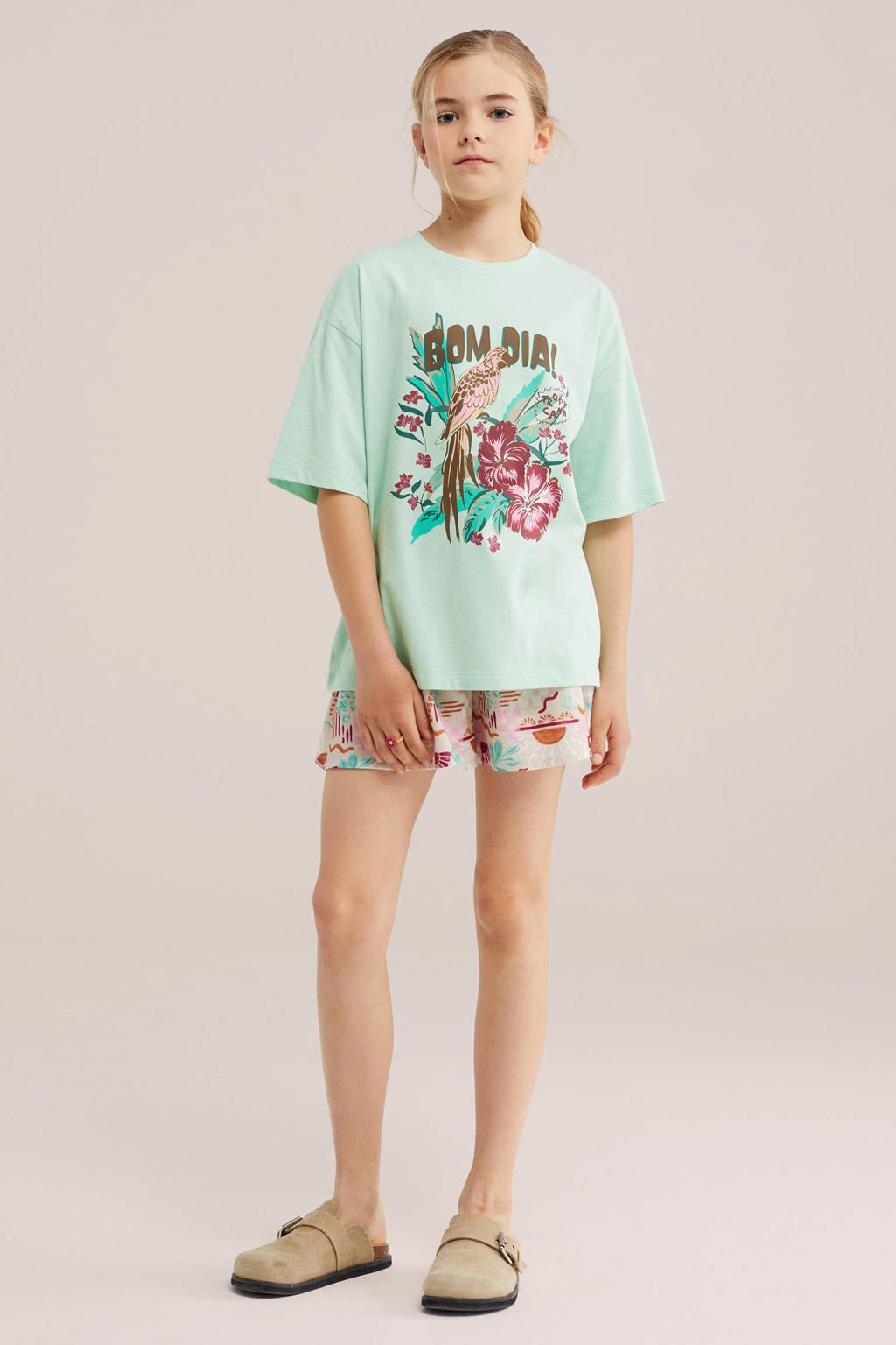 Mintgroene meisjes WE Fashion T-shirt van katoen met backprint, korte mouwen en ronde hals