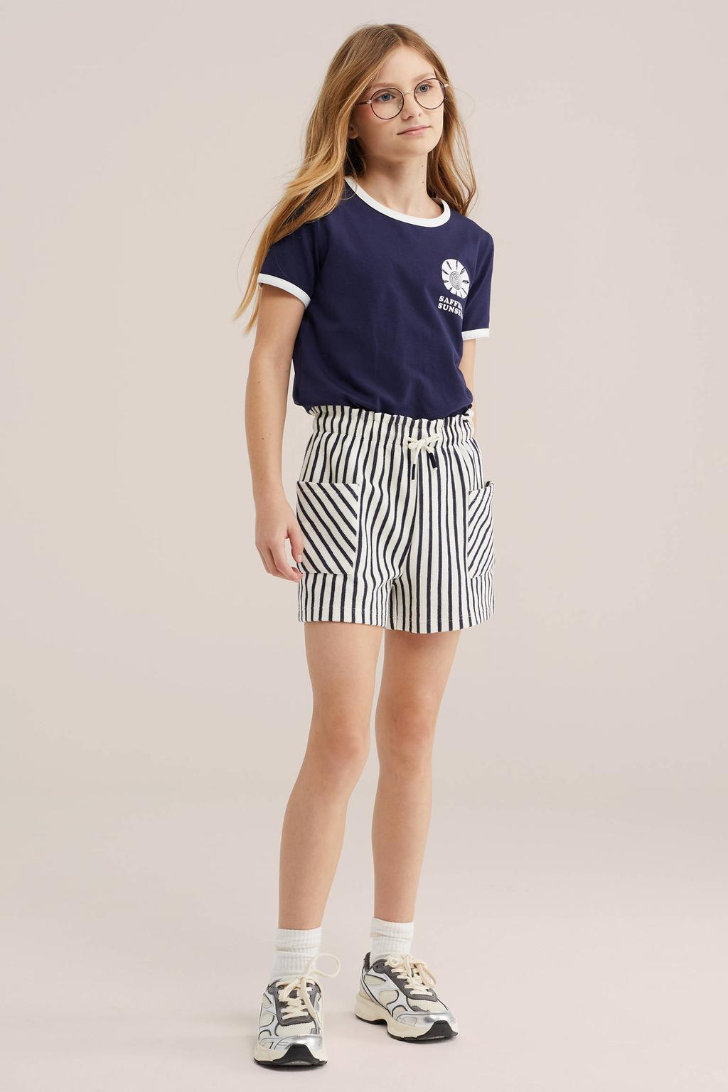 Donkerblauw en ecru meisjes WE Fashion straight gestreepte casual short gebreid van katoen met elastische tailleband met koord