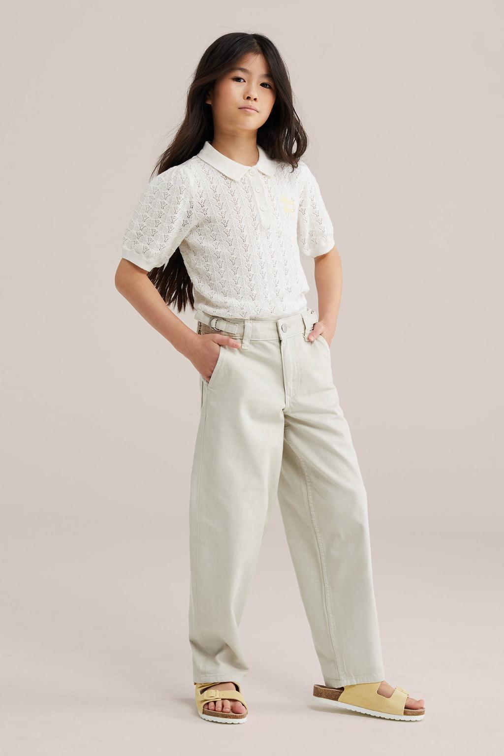 Witte meisjes WE Fashion polo gebreid met effen, korte mouwen, knoopsluiting en ajour details