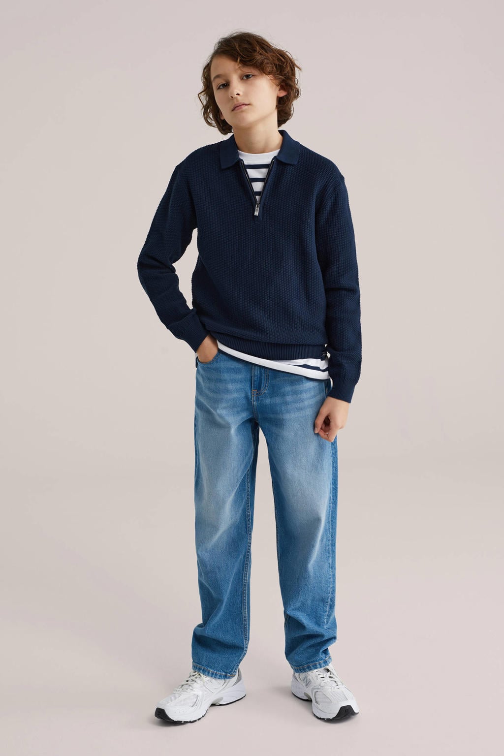 Donkerblauwe jongens WE Fashion pullover van katoen met effen, lange mouwen en polo kraag