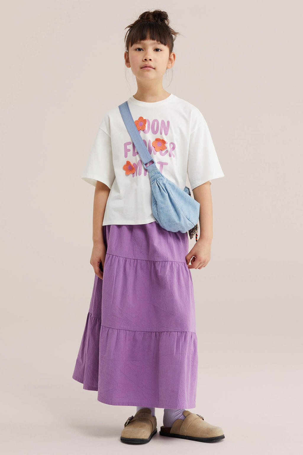 Paarse meisjes WE Fashion maxi rok gemaakt van katoen en met elastische tailleband met koord