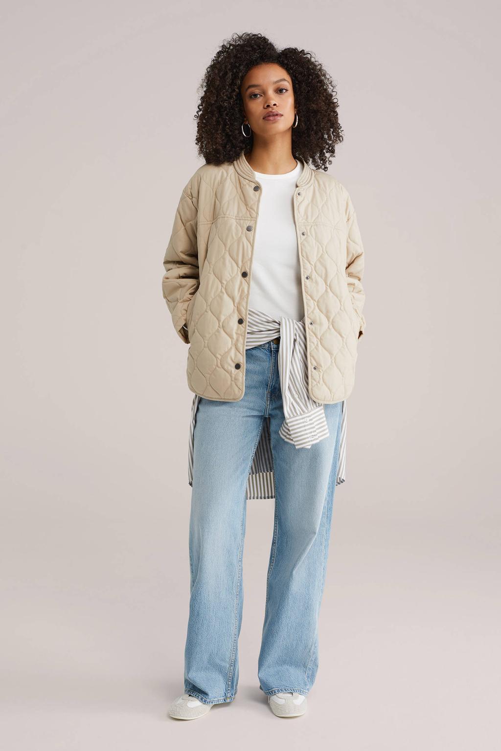 Beige dames WE Fashion quilted jas van katoen met effen en lange mouwen
