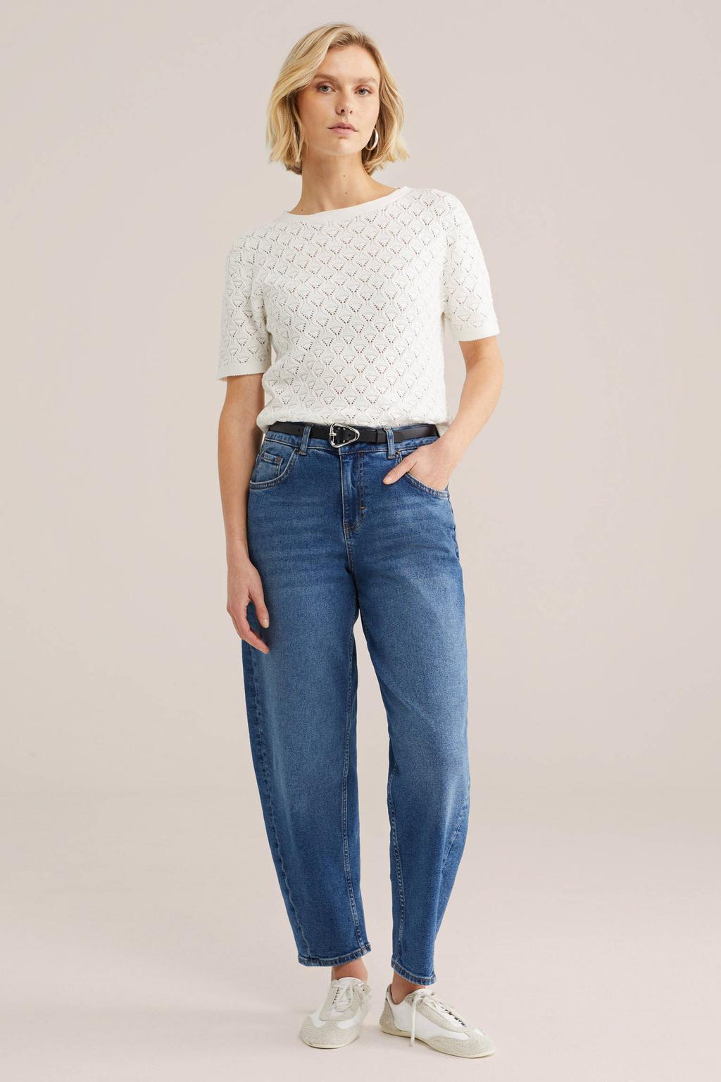 Witte dames WE Fashion top gebreid met effen, korte mouwen, ronde hals en ajour details