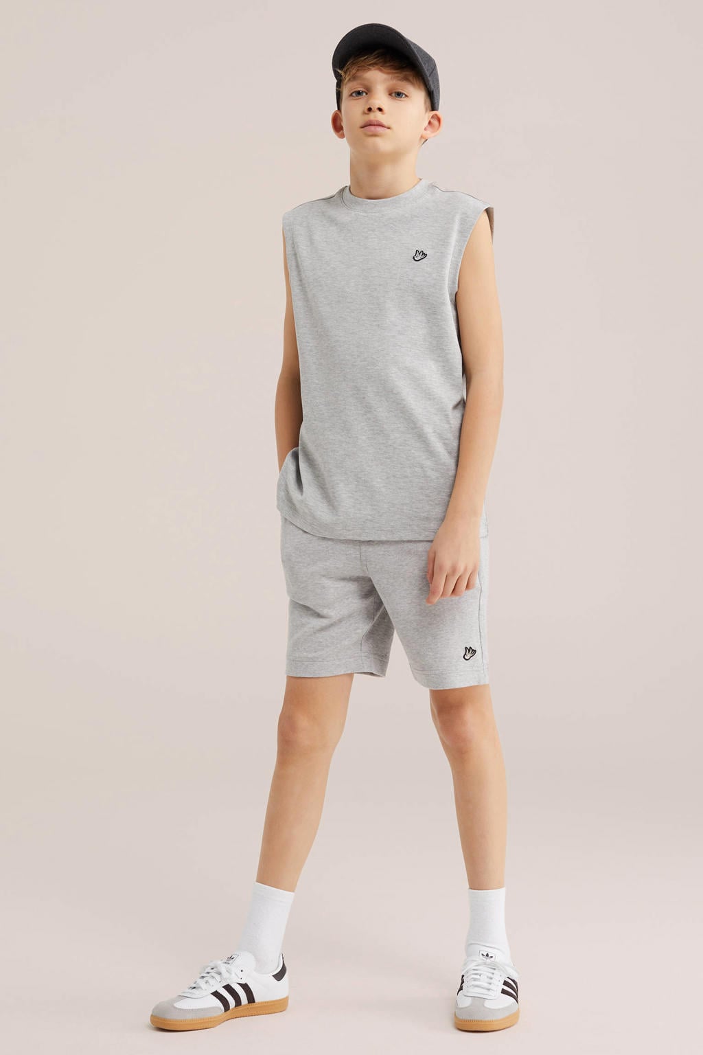Grijze jongens WE Fashion tanktop van katoen met effen en ronde hals