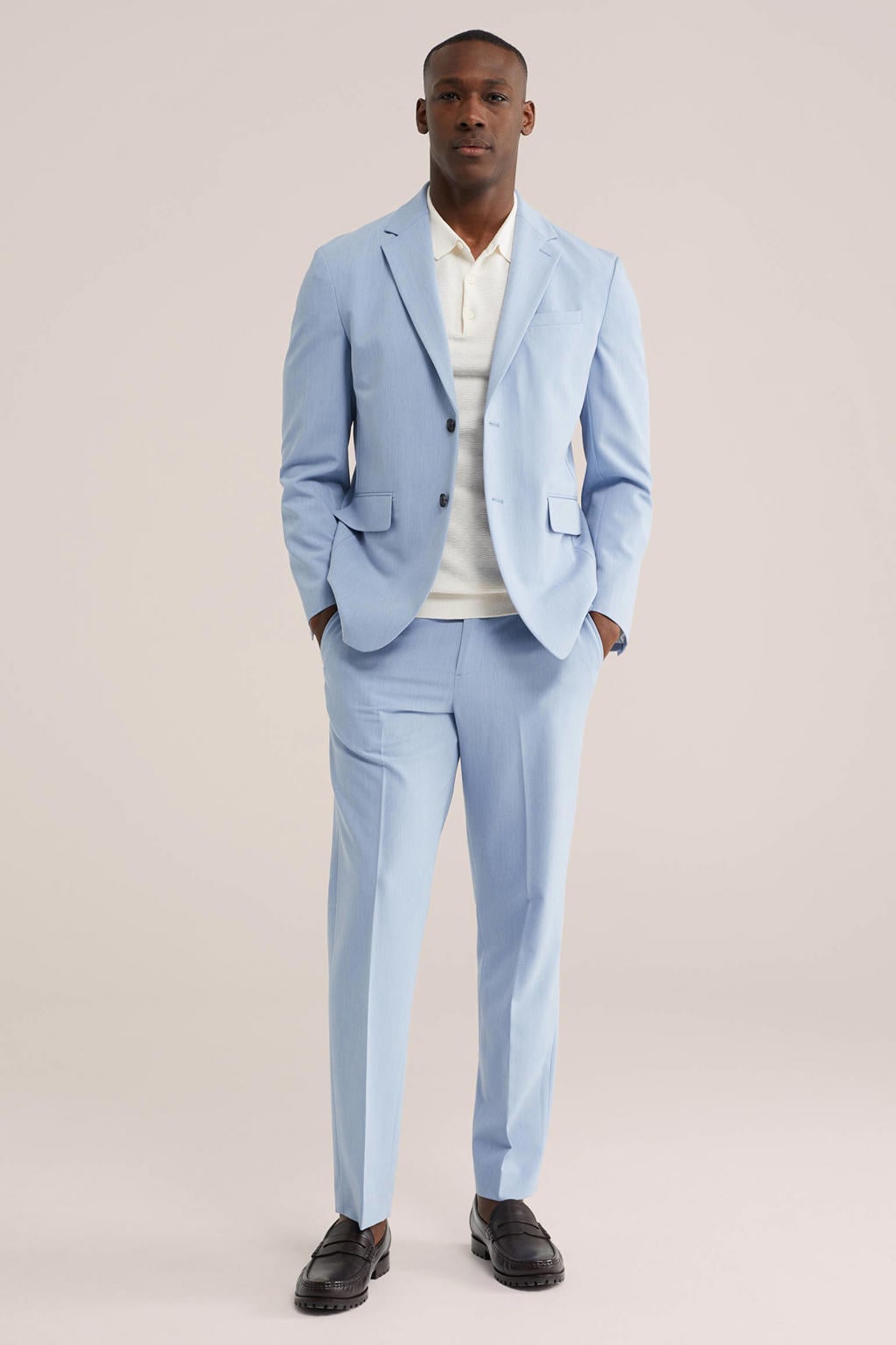 Blauwe heren WE Fashion colbert van polyester met effen, V-hals en knoopsluiting