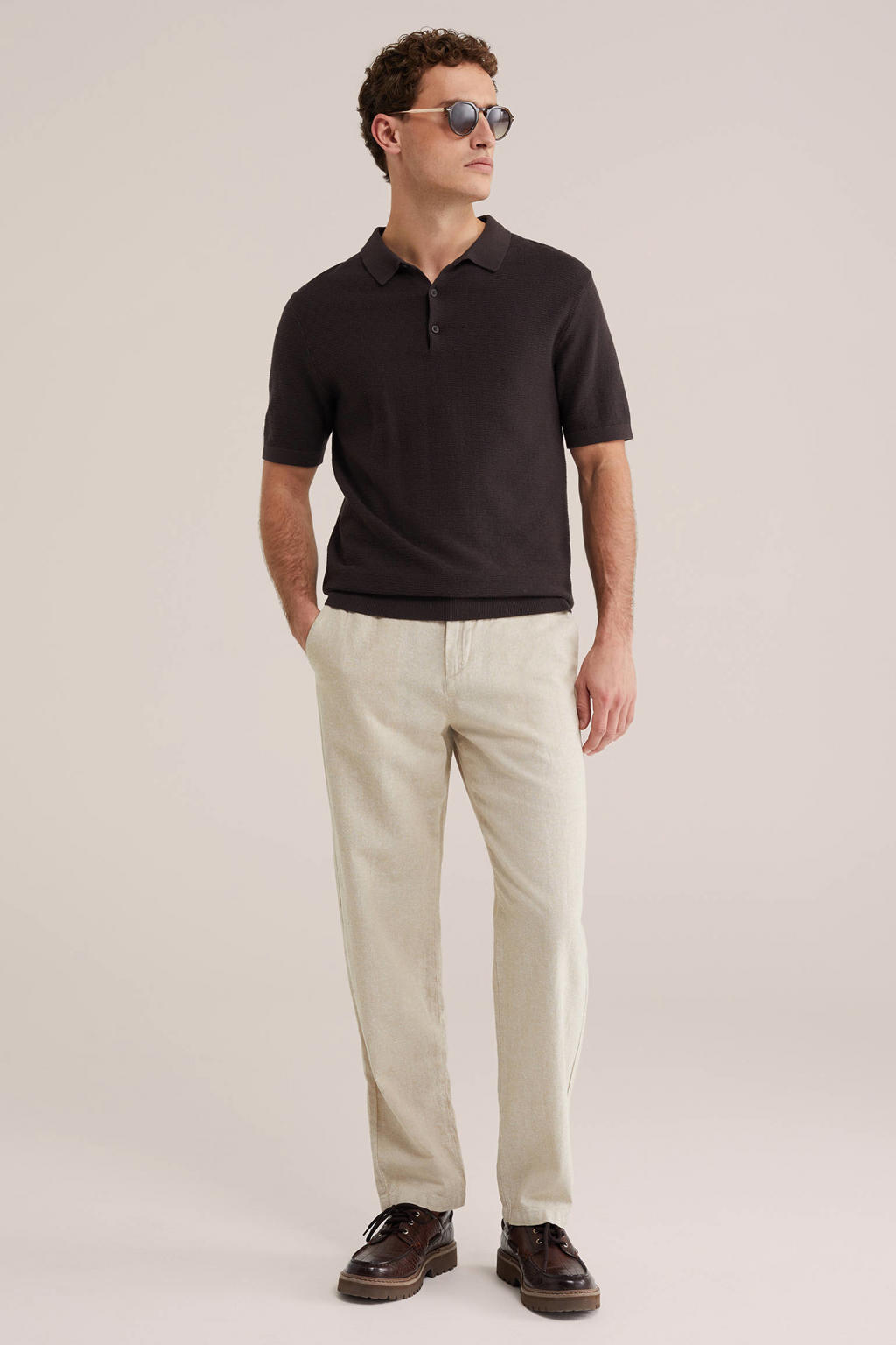 WE Fashion regular casual broek met linnen beige
