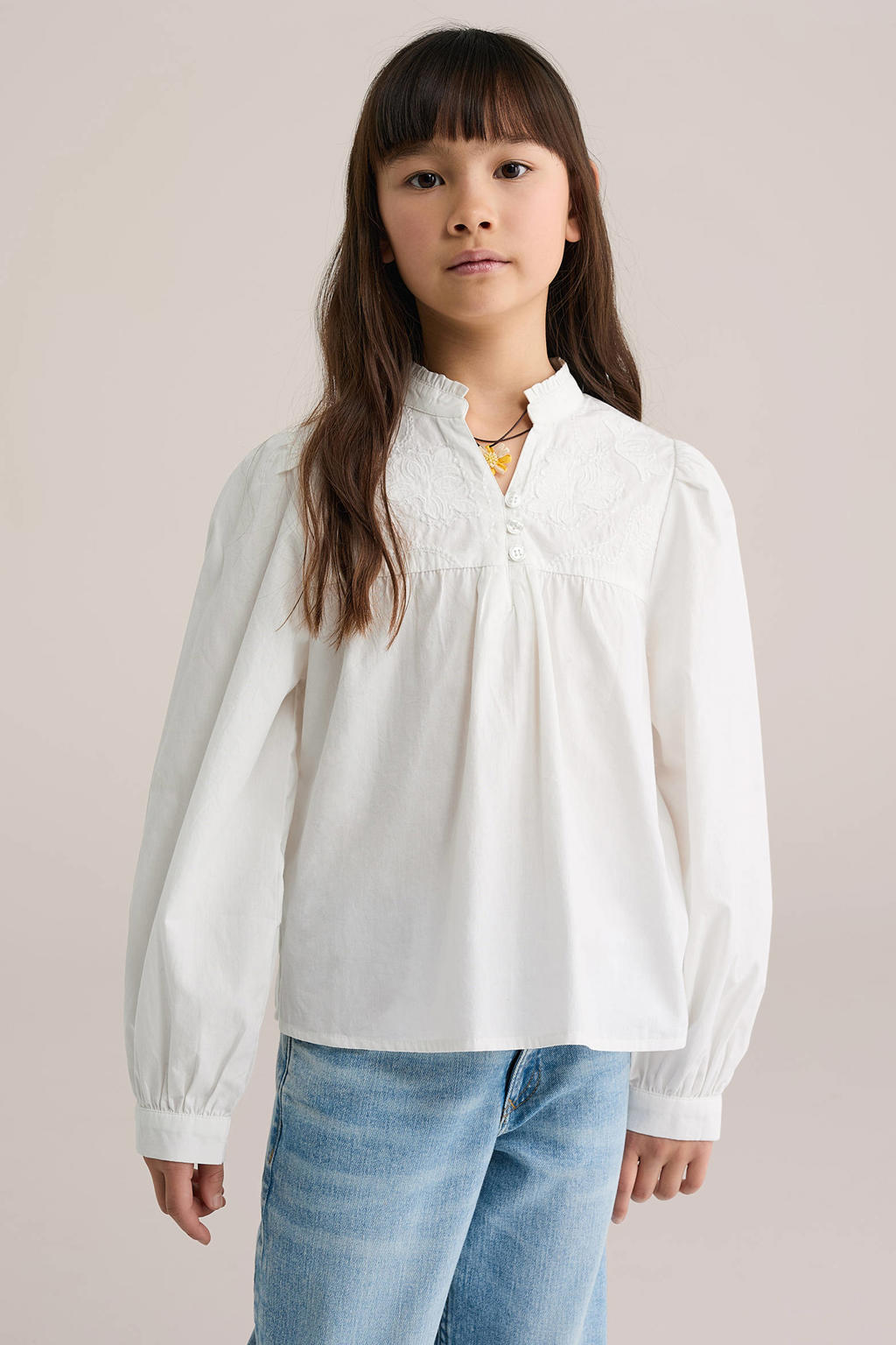 Witte meisjes WE Fashion blousetop van katoen met effen, lange mouwen, ronde hals en borduursels