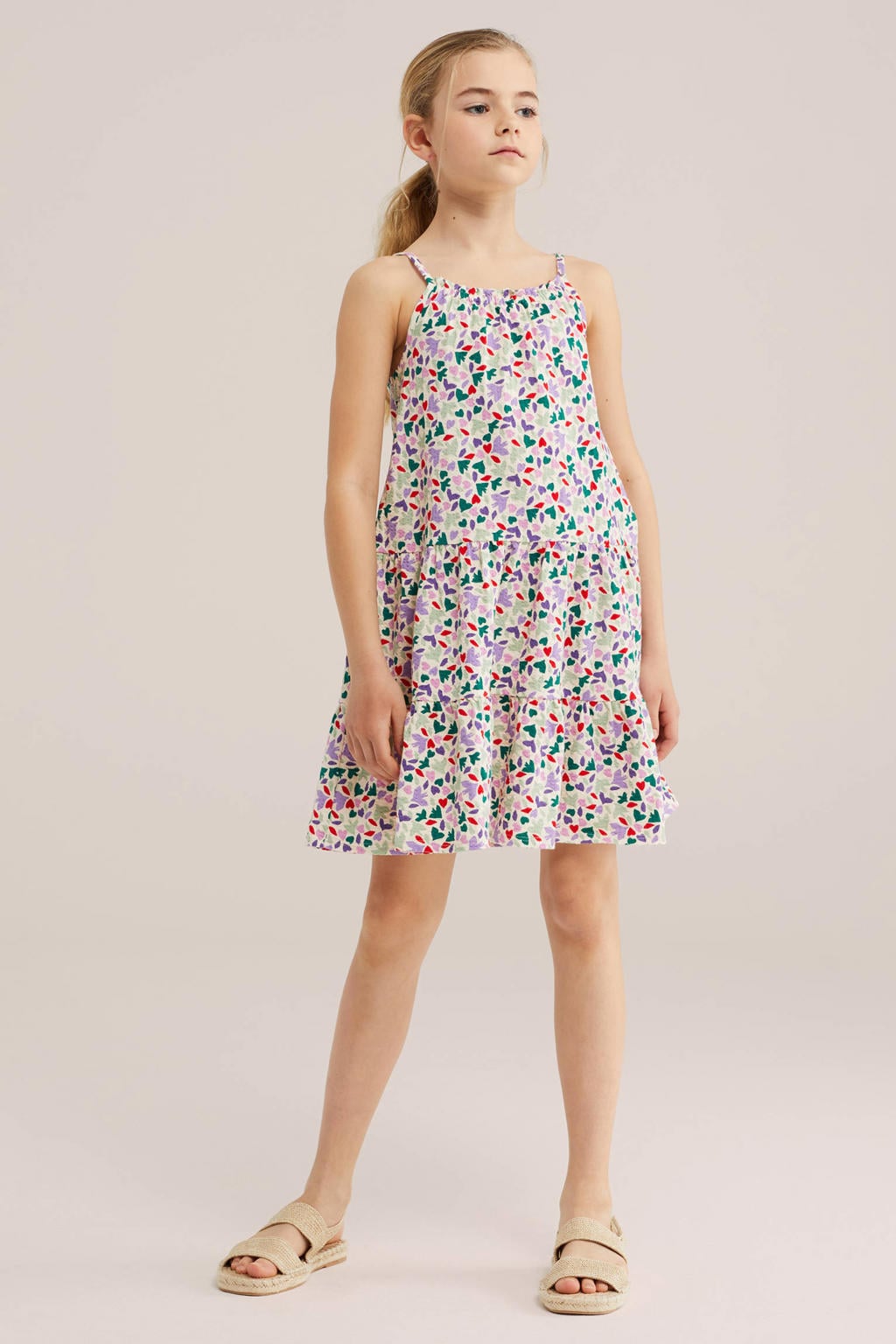 Ecru, groen en paarse meisjes WE Fashion midi jurk van katoen met spaghettibandjes, ronde hals en plooien