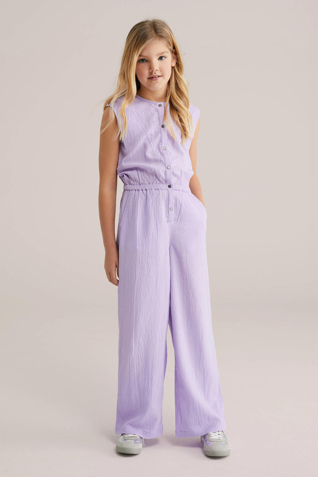 Lilakleurige meisjes WE Fashion Straight jumpsuit van polyester met effen en ronde hals