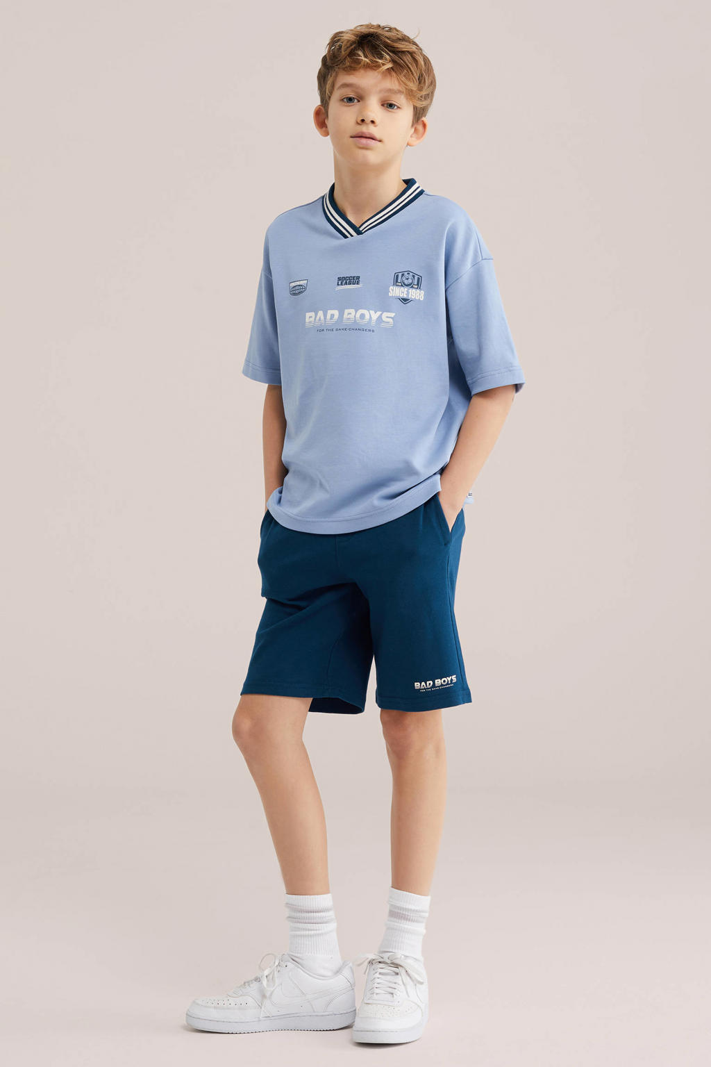 Blauwe jongens Bad Boys T-shirt van katoen met printopdruk, korte mouwen en V-hals