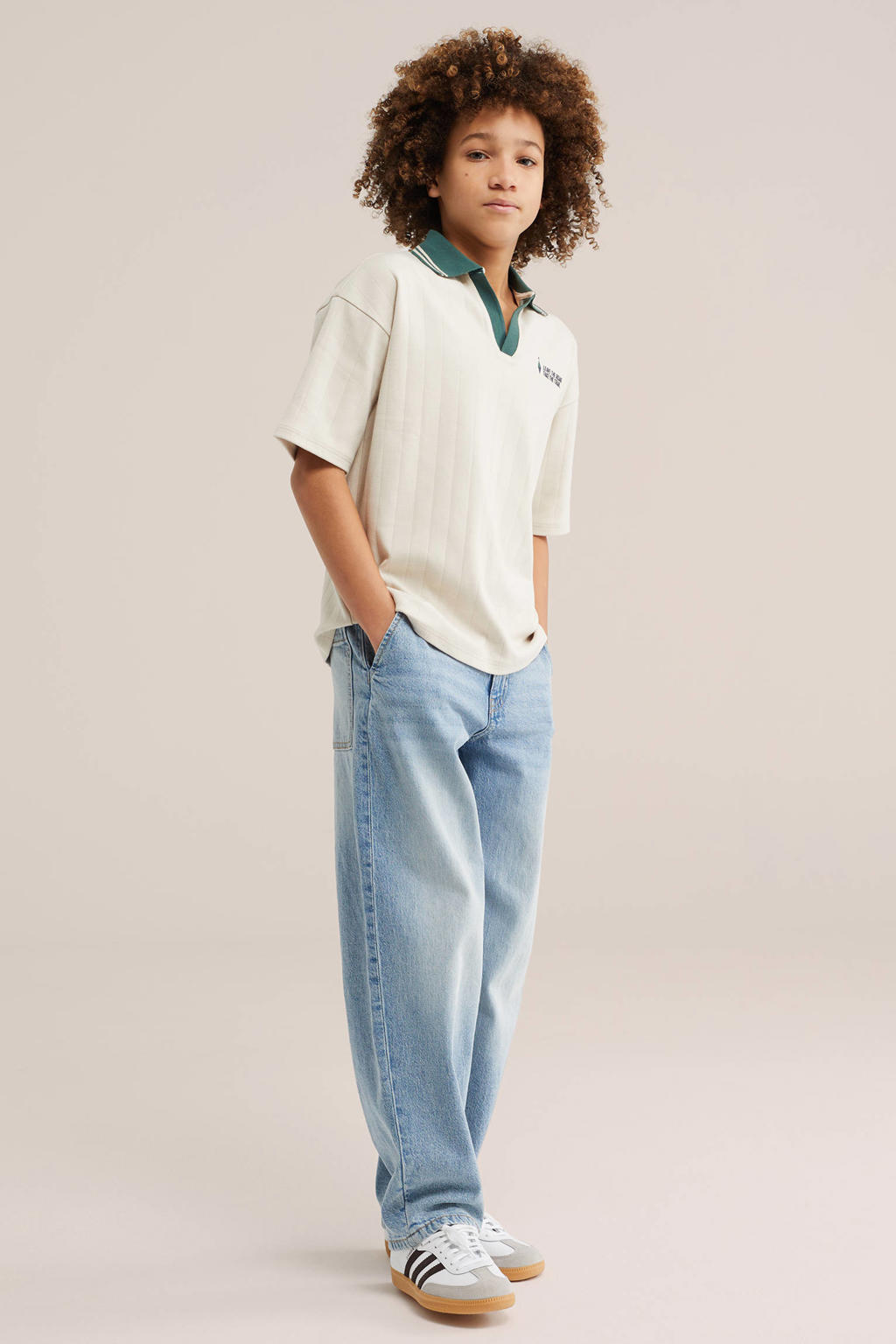 Beige en groene jongens WE Fashion polo van katoen met effen en korte mouwen